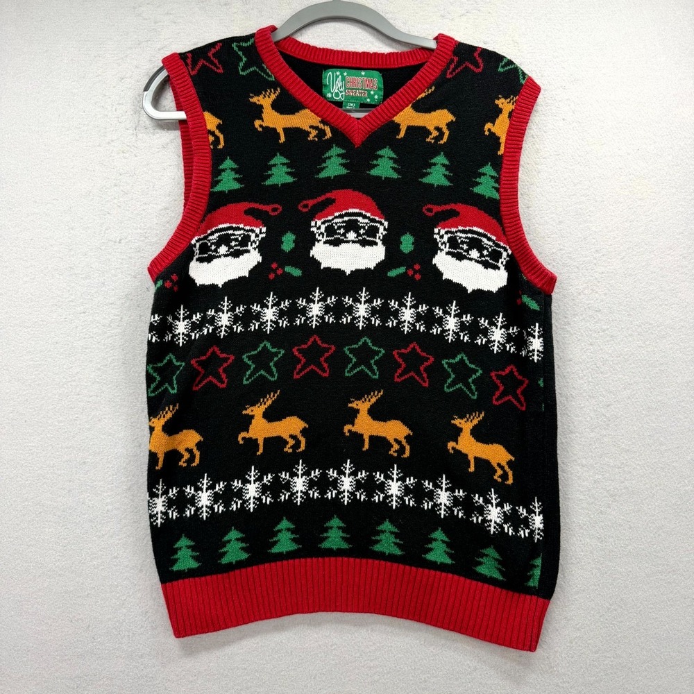 Ugly Christmas Sweater Vest Women Medium Red Black Fair Isle Santa Reindeer Tree